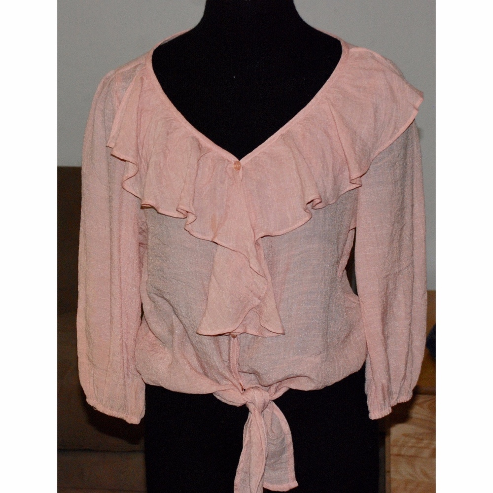 Pale Peach Top With Ruffled Neckline, Tie at Waist